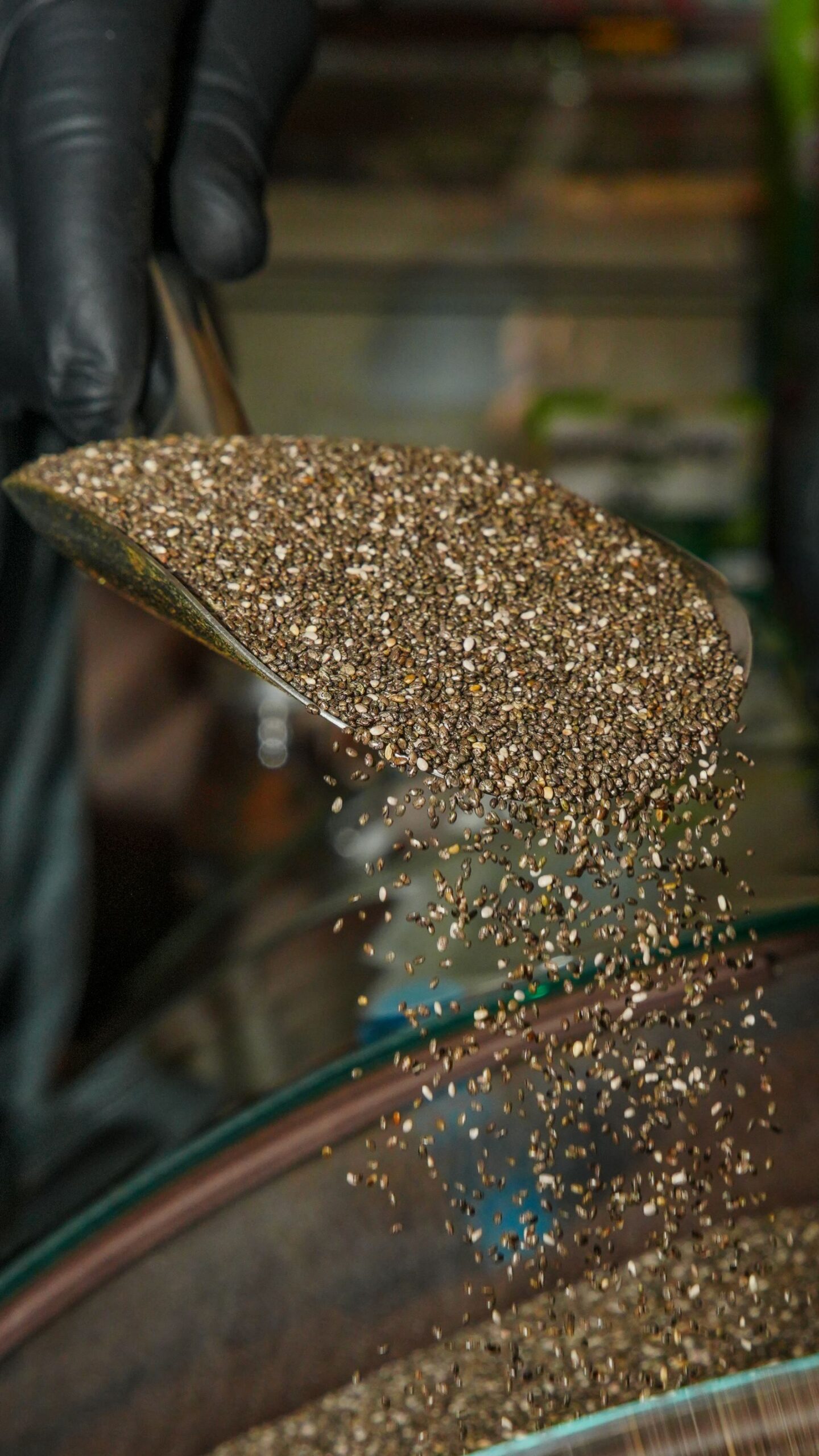 Flaxseed being poured from a scoop, a plant-based source of omega-3 fatty acids