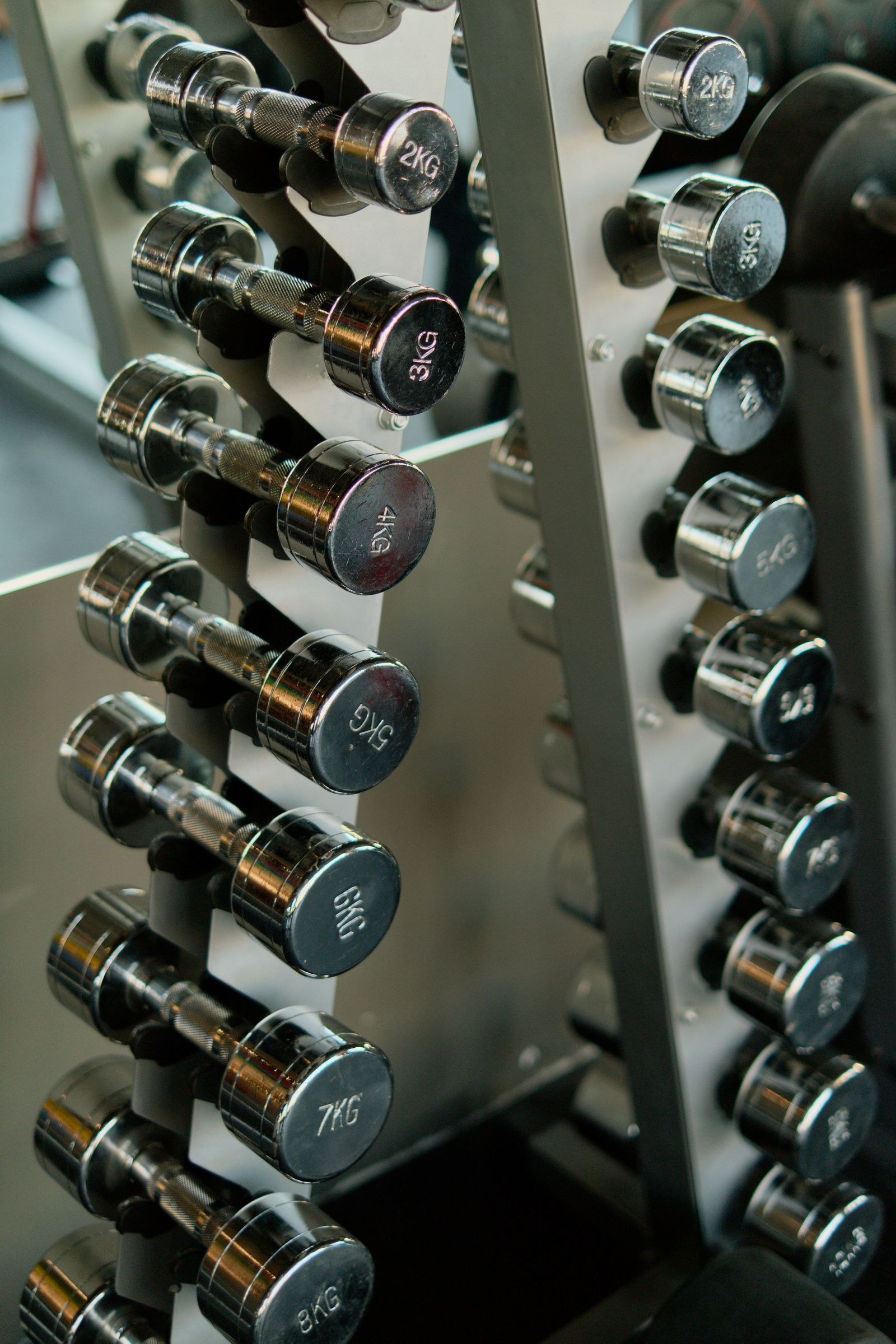Chrome dumbbells neatly organized on a rack in a gym