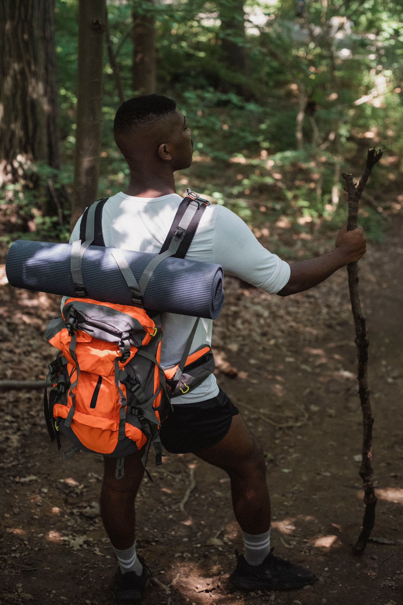 A traveler with a backpack hiking through a forest