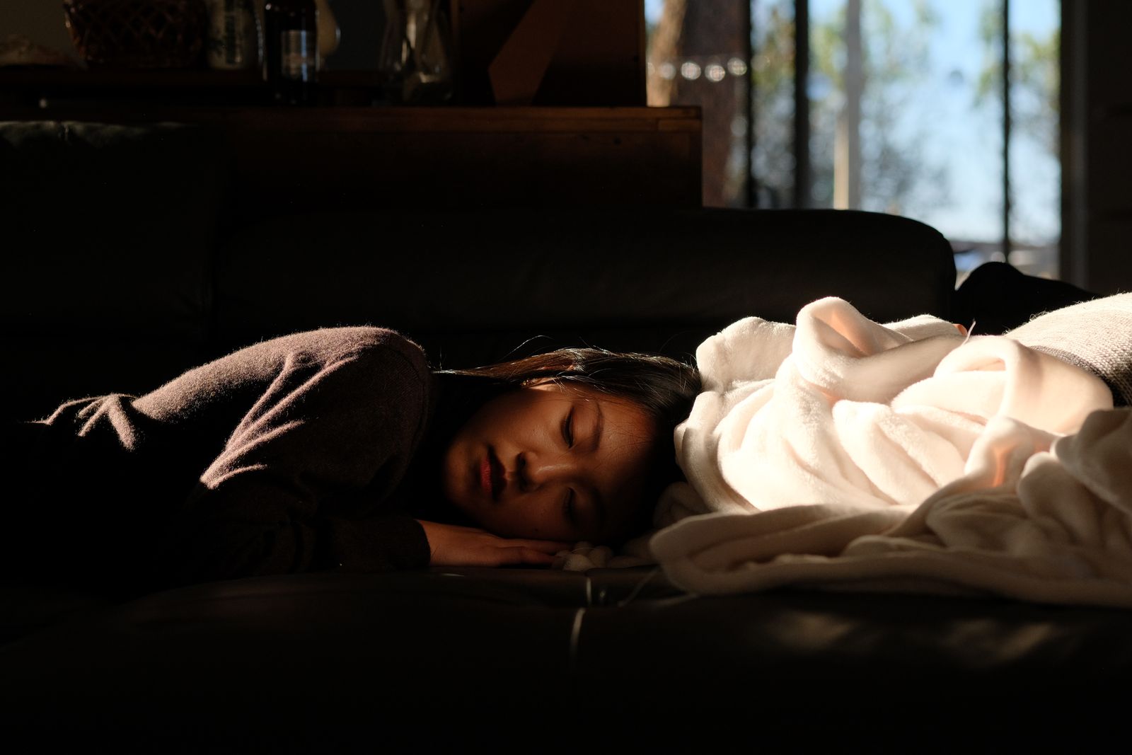A woman peacefully napping on a couch with afternoon sunlight streaming in