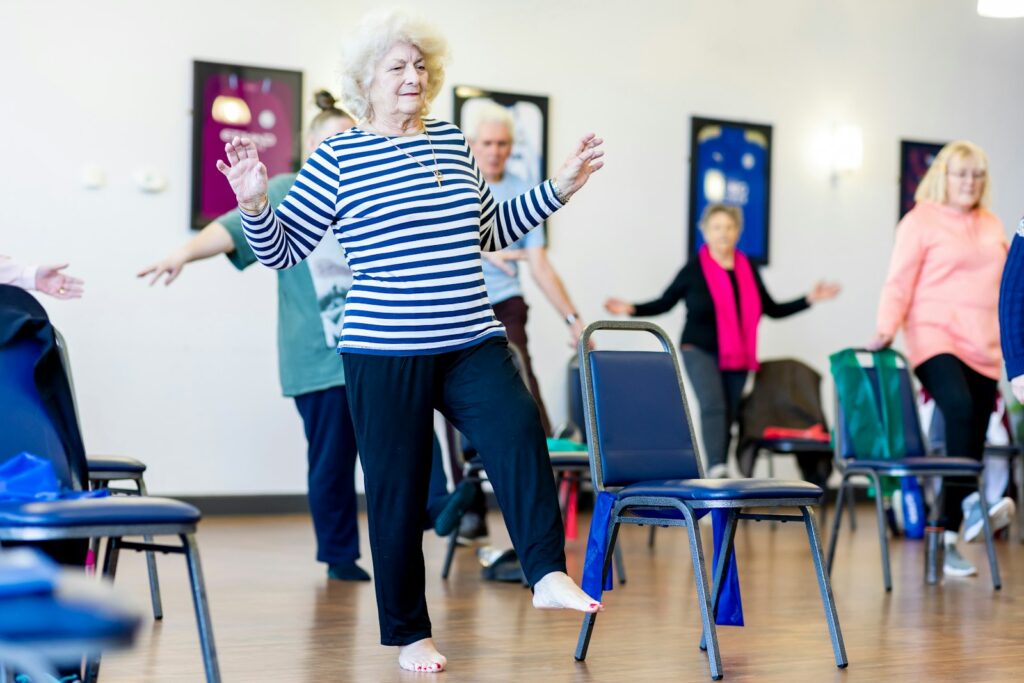 A group of active older adults exercising together
